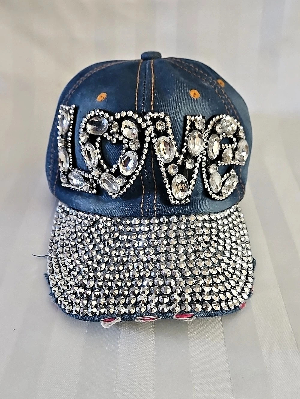 Embellished Denim Baseball Cap in Blue & Silver